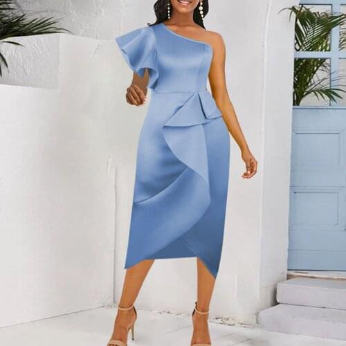 Nice new arrivals woman blue evening party dress chic irregular falbala female one shoulder ruffle midi summer dresses ladies