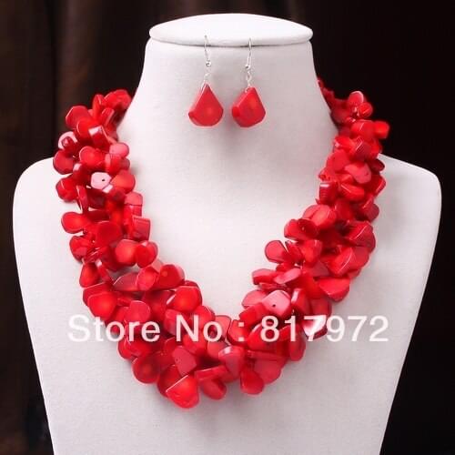 Fashion Red Coral water drop Chunky 2 layer Necklace Dangle Hook Set Woman Gift