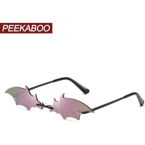 Peekaboo black vintage bat sunglasses women men hot party decoration rimless sun glasses for women cat eye purple mirror metal