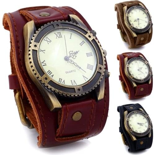 Men Quartz Watches Punk Vintage Cow Leather Wristwatch Roman Numbers Dial Casual Watch Gift TT@88