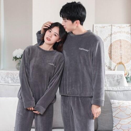 Autumn Winter Gray Thick Coral Fleece Couple Pajamas 2Piece Set Loose Warm Mens Homewear Long Sleeve Women Sleepwear With Pants