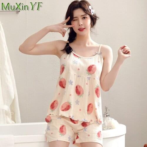 Womens Summer Cozy Cotton Two Pieces Pajamas Set 2021 New Girls Sweet Cute Bow-Knot Strawberry Sling Shorts Sets Lady Homewear