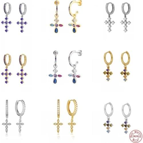 CANNER Huggie Earring 925 Sterling Silver Cross Hoop Earrings For Women Girl Bling Colorful Zircon Pendientes Cruz Bijoux Femme