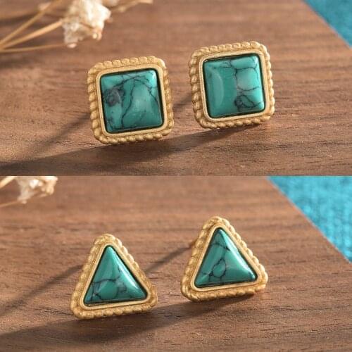 Retro Turquoise Triangle Square Stud Earrings for Women Geometric Palace Ethnic Dating Jewelry 2021 Trend Boucle Oreille Femme