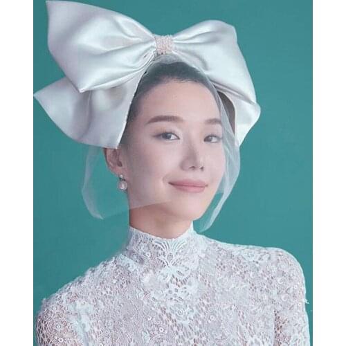 Bridal Birdcage Veil Wedding Hair Accessories Bridal Hair Clip with Veil Tiaras Riborn Big White Bow-Knot Barette заколка бант