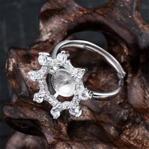 Ring Blank for 8mm-9mm Round Beads or Pearls White Gold Plated 925 Silver Zircon Ring Setting Adjustable Ring Base JZ0096
