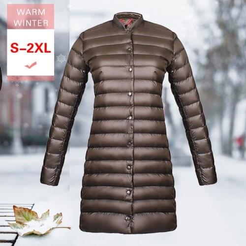 Women White Duck Down Long Jacket Female Winter Ultra Light Slim Thin Down Coat Covered Button Warm soft Overcoat Stand Collar