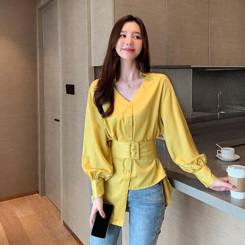 2021 Fashion Autumn Korean Chiffon Shirt Womens Blouses Casual Long Sleeve Elegant Loose V-neck Long Blouse Tops Female Clothes