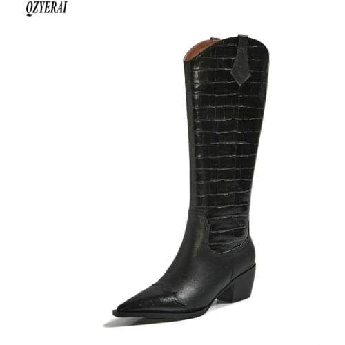 QZYERAI New style Knee-length rider boots Genuine leather Female boots Womens boots cowhide pointed Womens shoes