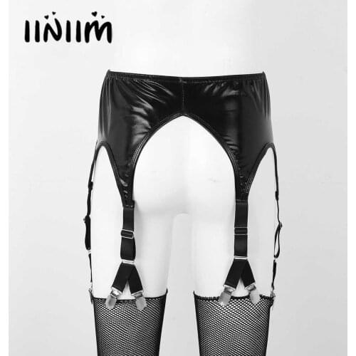 Womens Vintage Shiny Metallic Garter Belts with Elastic Adjustable Straps Duck-Mouth Clips for Holding Stockings latex Clubwear