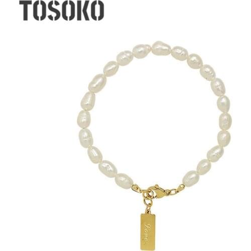 TOSOKO Stainless Steel Jewelry English Square Pendant Natural Freshwater Pearl Bracelet Womens Elegant Fashion Bracelet BSE078