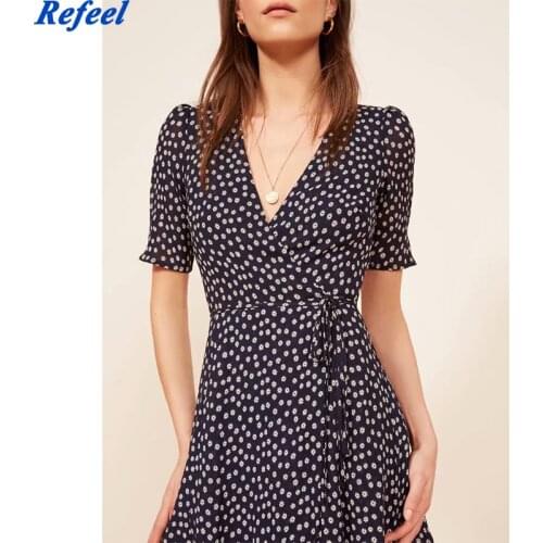 Sexy V Neck Navy Floral Print Wrap Vestidos Vintage Women Dress Retro Half Sleeve Dresses