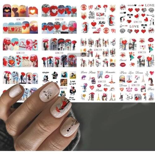 12 styles Valentines Kiss Nail Water Decals Manicure Red Love Heart Design Nail Art Decoration Water Sticker Tip 2021 new