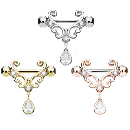 2pcs stainless steel gold crystal nipple piercing rings water drop women nipple piercing bar stud fashion body piercing jewelry