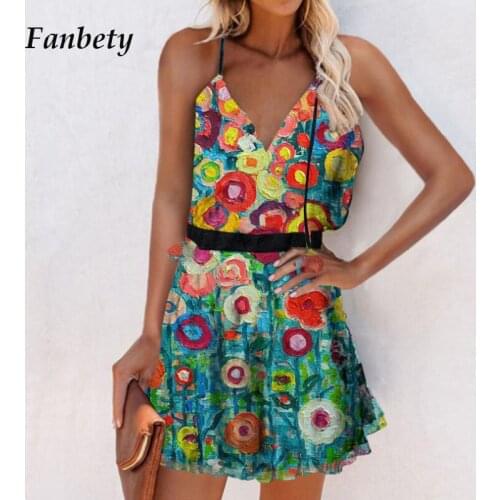 2021 Summer Elegant Straps V Neck Dress Women Sexy Backless Ruffles Party Dress Vintage Floral Print Sleeveless Mini Dress Mujer