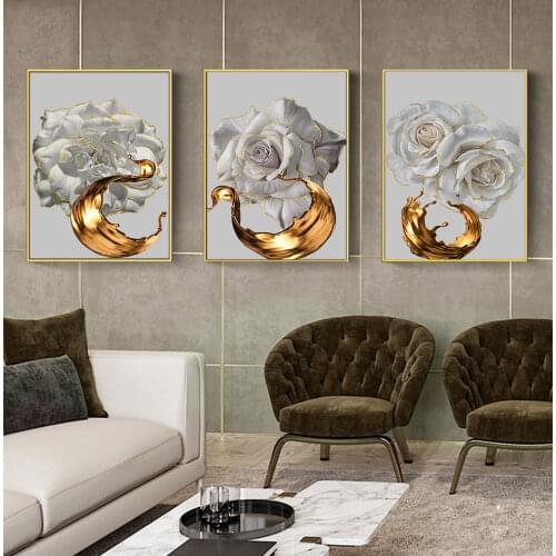 White Rose Flower Golden Ink Splash Abstract Poster Nordic Art Plant Canvas Painting Modern Wall Picture for Living Room Decor