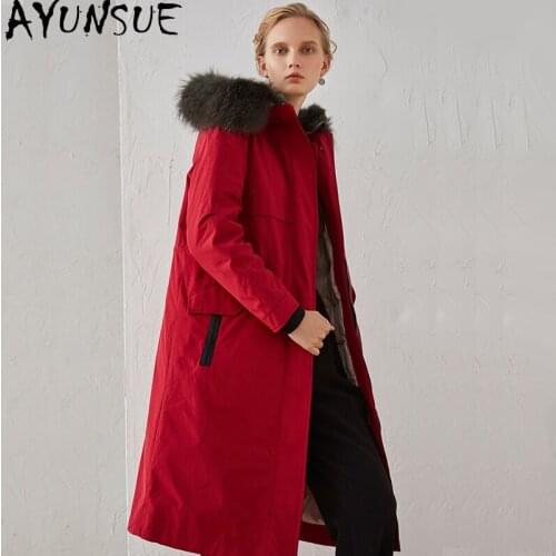 AYUNSUE Womens Down Jacket Real Raccoon Fur Collar Hooded Parkas Woman 95%gray Goose Down Jackets Female Long Coats Ropa TN213