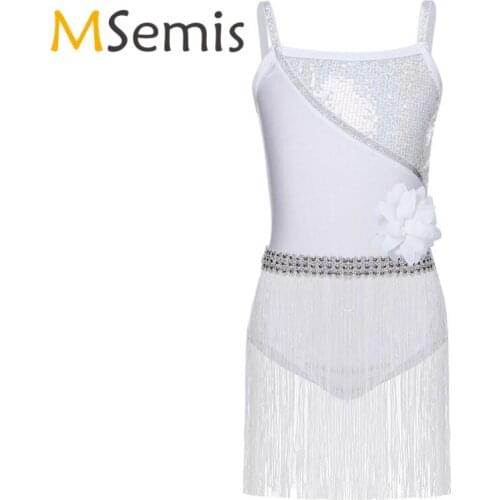 Kids Girls Latin Dance Dress Girls Shiny Shoulder Straps Sequined Latin Rumba Salsa Tango Gymnastics Leotards Dress with Tassels