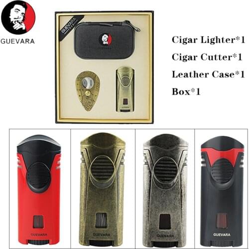 Guevera Cigar Accessories Kit Cigar Cutter Jet Flame Portable Butane Gas Cigarette Lighters Pocket Torch Lighter For Gift