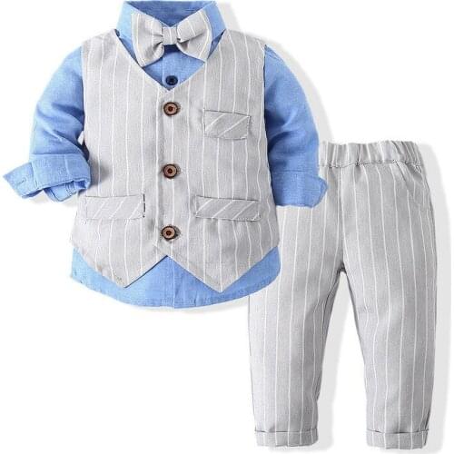 Autumn Little Boys Gentleman Cotton Clothes Suit Vest Blazer Bow Tie Long Sleeve Tops Trousers Outfit Wedding Birthday Dress