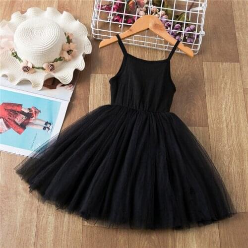 Kids Dress For Girls Summer Cotton Top Mesh Sling Princess Dress Children Sleeveless Holiday Birthday Party Black Color Clothing