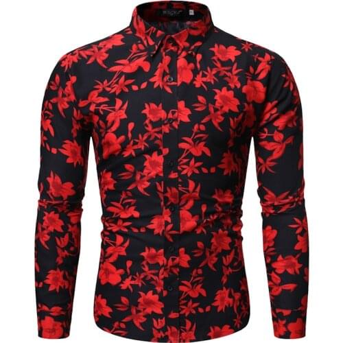 Mens Black Red Floral Print Shirts 2021 Autumn New Slim Fit Long Sleeve Dress Shirt Men Casual Hawaiian Shirt Camisas Hombre XXL