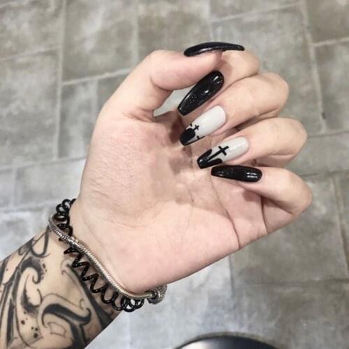 24pcs Halloween Style Black/White Cross Long Coffin False Nails Wearable Gold Foil Ballerina Fake Nails Full Cover Nail Tips