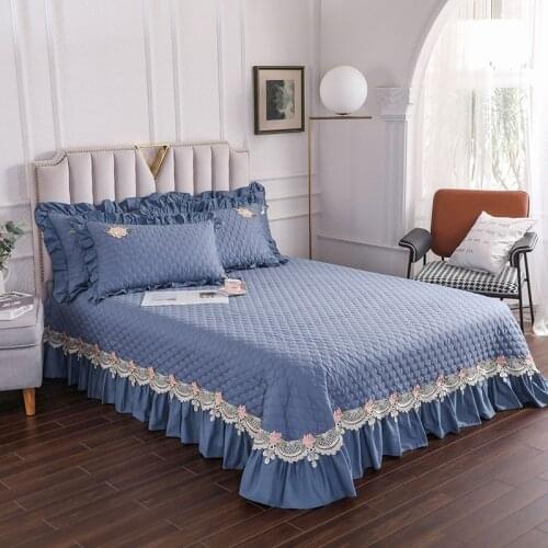 2020 new products Thickened cotton quilting Bedspread Fitted Sheet Pillowcases 2/3pcs Pure colo rWrinkle lace Bedding