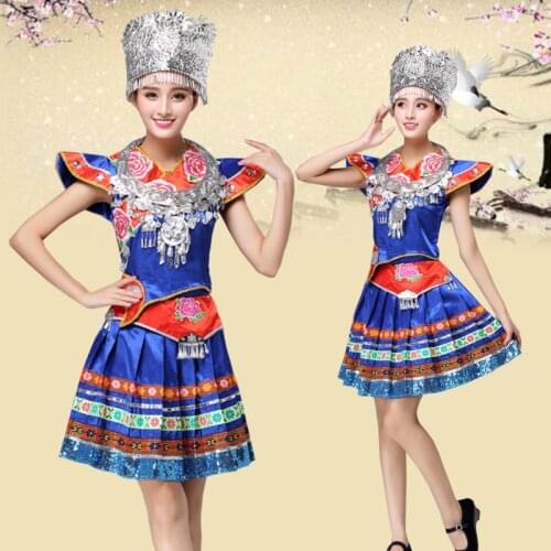 New arrival blue female dance costumes clothes Chinese Miao national traditional performance dress stage costumes for singers