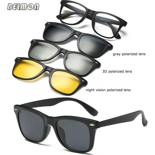 Belmon Spectacle Frame Men Women With 3 Piece Clip On 3D Polarized Sunglasses Magnetic Glasses Male Driving Myopia Optical RS478
