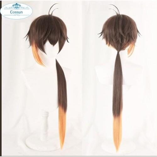 Genshin Impact Zhongli Cosplay Long Christmas Brown Orange Wig Cosplay Anime Wigs Heat Resistant Synthetic Wigs Halloween