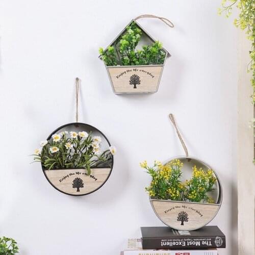 Pastoral Wood Metal Flower Pot Art Wall Hanging Crafts Tea Shop Clothing Store Wall Mural Ornaments Home Wall Sticker Decoration
