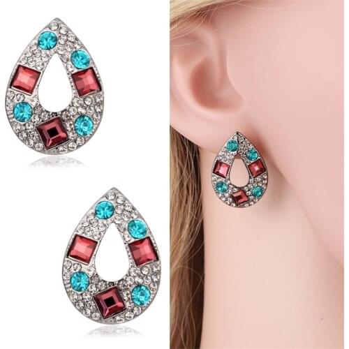 Black Gun Color Big Oversize Teardrop Full Red And Blue Geo Crystals Boho Stud Earrings For Women Jewelry Kolczyki Aretes Arose