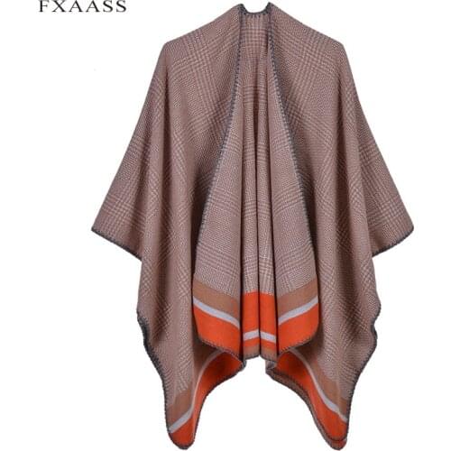 FXAASS Autumn Winter Shawl Fashion Poncho Women Cashmere Scarf Lady Luxury Blanket Warm Pashmina Striped plaid Wholesale Cape