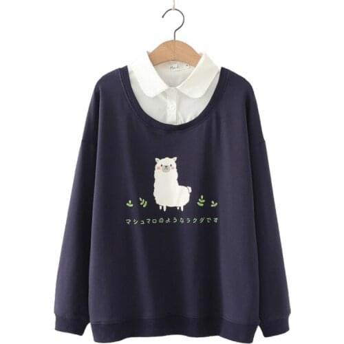Navy Cartoon Print Funny Women Sweatshirts 2020 Autumn Long Sleeve Turndown Collar Cotton Preppy Style Two Pieces Ladies Tops
