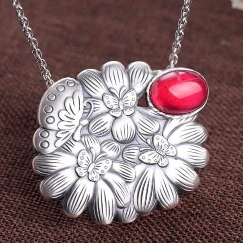 Fine silver 999 vintage process female money riches and honour flowers synthetic corundum big pendant silver wholesale