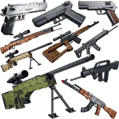 Military Series AKM AWM Rifle Gun Model Building Blocks Creator Can Shoot Bullet Desert Eagle Pistol Bricks Toys For Boy Gift