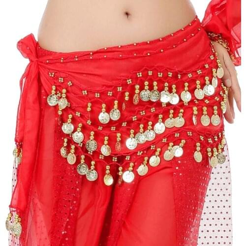 Sexy Lady Women 3 Row 128 Golden Coins Belly Dance Hip Skirt Waist Wrap Scarf