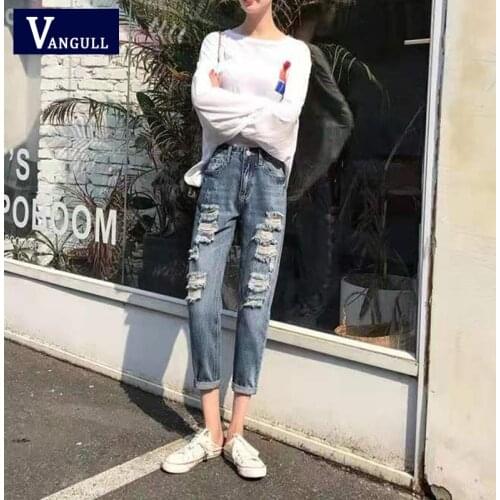 Vangull Women Denim Ripped Hole Stretch Hollow Out High Waisted Jean Ladies Plus Size Full Length Pencil Pants Casual Jeans