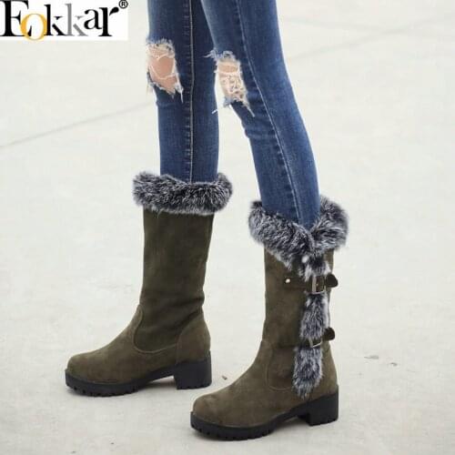 Eokkar 2020 Snow Boots Women Warm Med Heels Mid Calf Boots Round Toe Thick Heels Platform Slip On Black Ladies Boots Size 34-43