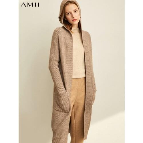Amii Minimalism Spring Lazy Sweater Coat Women Fashion New Loose Hat Long Knitted Female Cardigan Tops 11940475