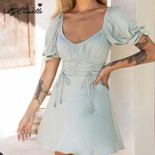 LZEQuella Women Sexy Pleated Lace Up High Waist A Line Mini Dress Backless Ruffles Wrap Dresses Party Club Vestidos NZ3697