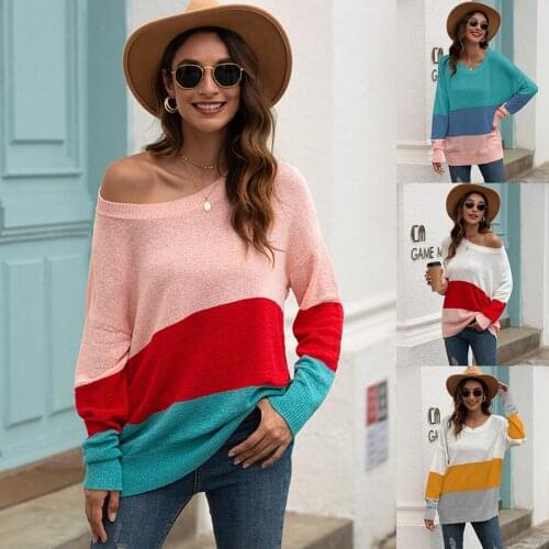ZJZLL Hot Sale Autumn Winter New Clothing European American Pullover Sweater Womens Striped Stitching Off-shoulder Knitted Top