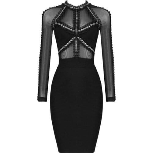 2018 New Women Autumn Long Sleeve Sexy Top Quality Celebrity Black Mesh Strech Rayon Bandage Dress Sexy Evening Party Dress