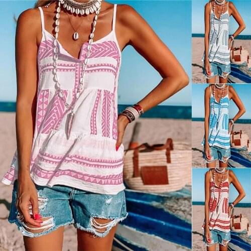 2021 Casual Summer Women Printing Cami Tank Tops Sexy Stripe Bohemian Print Beach Straps Top Lady Beach Top
