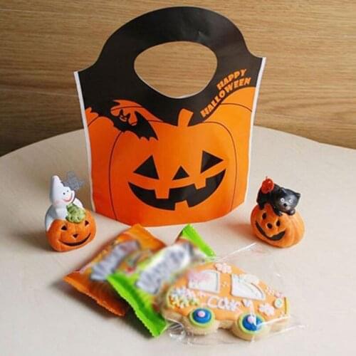 50pcs Food Bags Plastic Orange Pumpkin Head Tote Bag Halloween Christmas Candy Food Packaging Bag New Year 2021 Kids Gifts Pouch