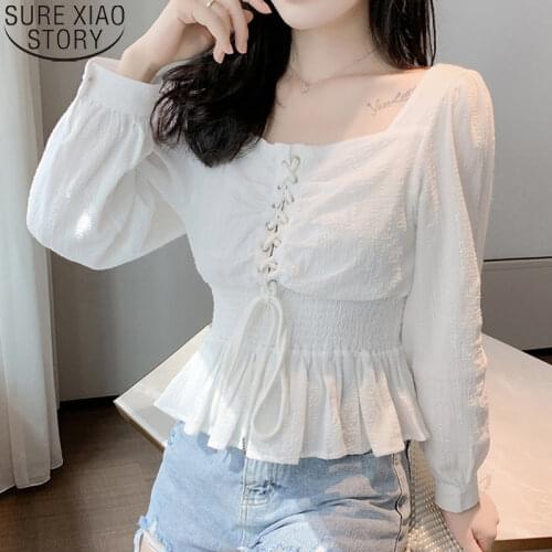 White Short Length Blouses Women Shirts Fashion Square Collar 2021 Autumn Korean Lace-up Shirt Short Sleeve Chiffon Blouse 10584