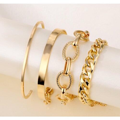 VKME 4Pcs Punk Thick Chain Open Bracelets Set For Women Fashion Gold Vintage Curb Cuban Charm Bracelet Bangles Hip Hop Jewelry