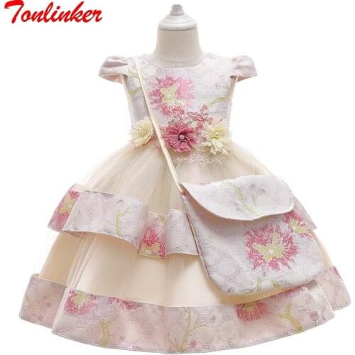 Kids Christmas lace Dresses for Girls Bead Flower With Shoulder Bag Princess Dress Children Fancy Carnival Party Vestidos Dress