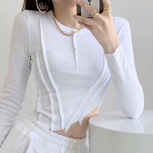 Cotton Ribbed Knitted Asymmetrical Ruched Sweater Women Pullover Sweatshirt Solid Skinny Crop Bevel Cut Autumn Streetwear